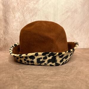 Vintage 80s Leopard Print Derby Bowler Bucket Hat Felt Boho Chic Mobwife Retro